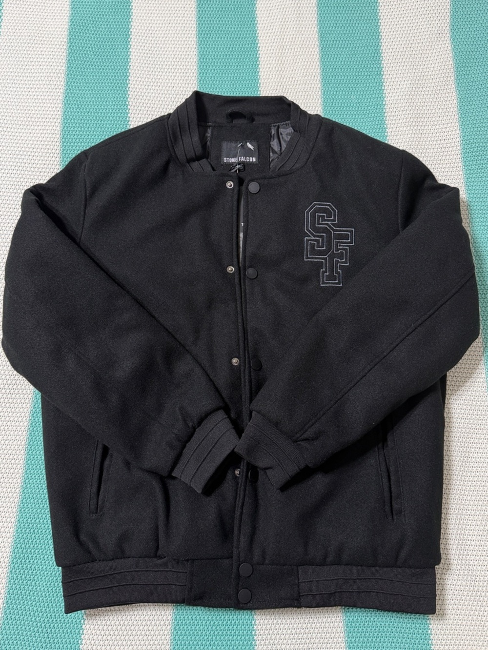 Black SF Embroidered Bomber Varsity Jacket